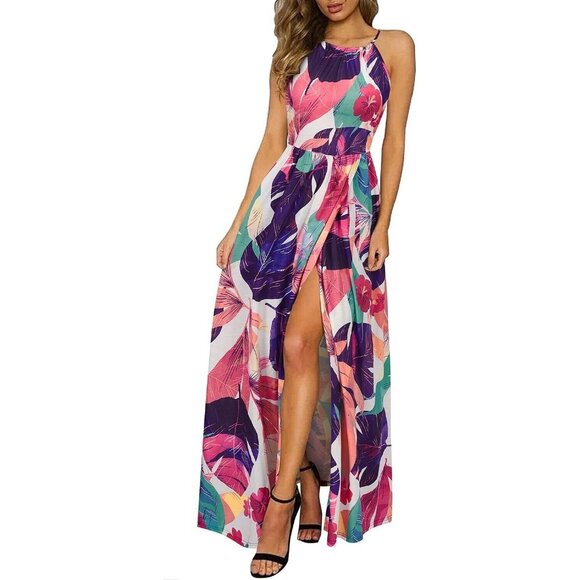 Women's Summer Sleeveless Halter Neck Floral Print Split Maxi Beach Dress Small - Picture 1 of 8